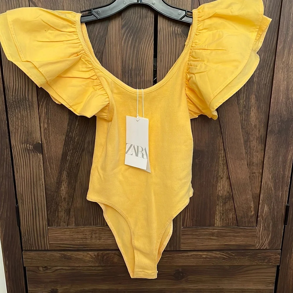 NWT Zara Yellow Ribbed Ruffle Bodysuit - Picture 3 of 6